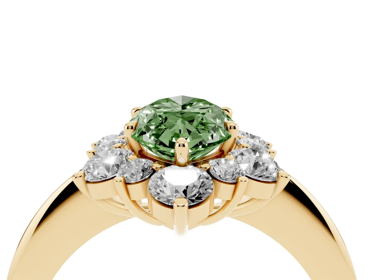 Fancy Green Marquise Cut Diamond Cluster Halo Ring with Solitaire Band and Four-Prong Setting Yellow gold