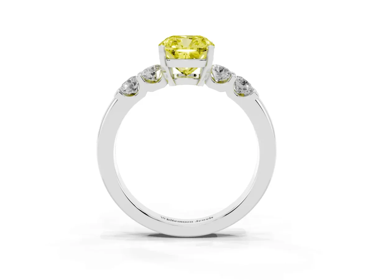 Fancy Yellow Cushion Cut Brilliant Cut Diamond Five-Stone Prong Set Engagement Ring with Channel Band Platinum