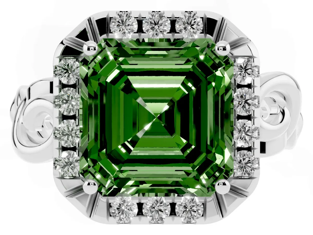 Fancy Green Asscher Cut Cut Halo Diamond Ring with Scrollwork Band and Four-Prong Setting Silver