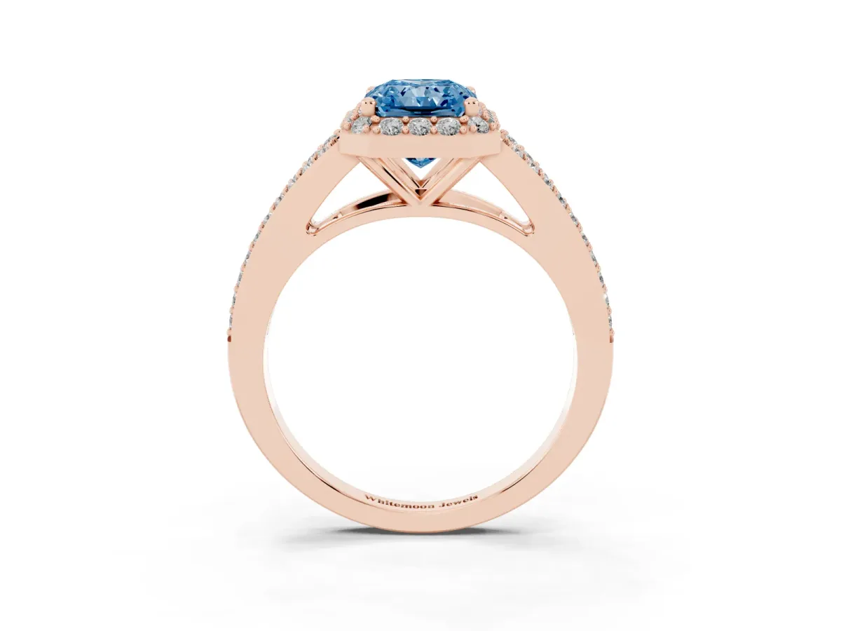 Fancy Blue Radiant Cut Halo Split Shank Diamond Ring with Prong Setting Rose gold
