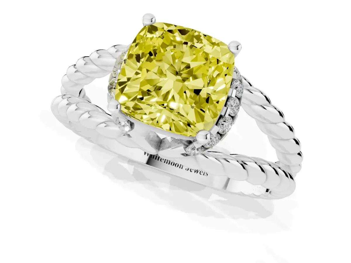 Fancy Yellow Cushion Cut Halo Twisted Band Four-Prong Ring Silver
