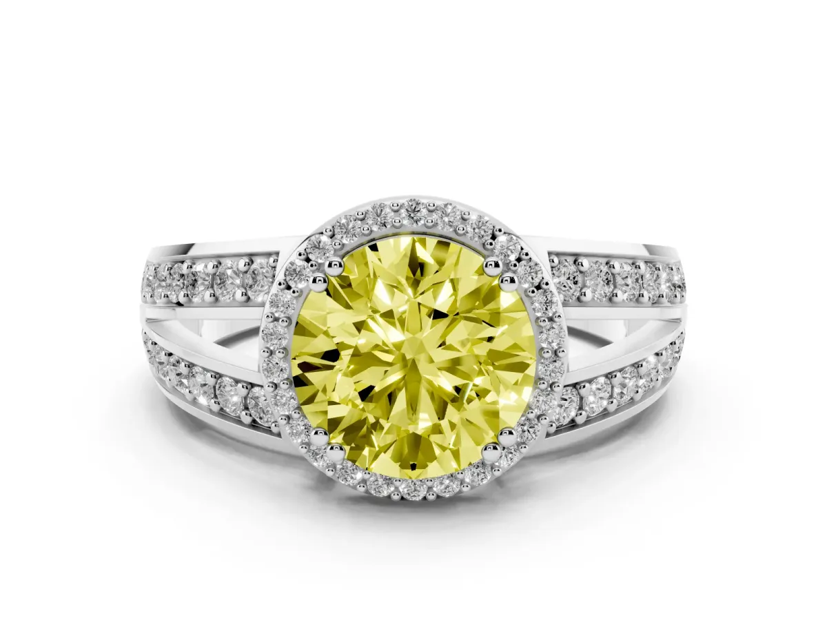 Fancy Yellow Round Cut Diamond Halo Ring with Split Shank Pavé Band and Four-Prong Setting White gold