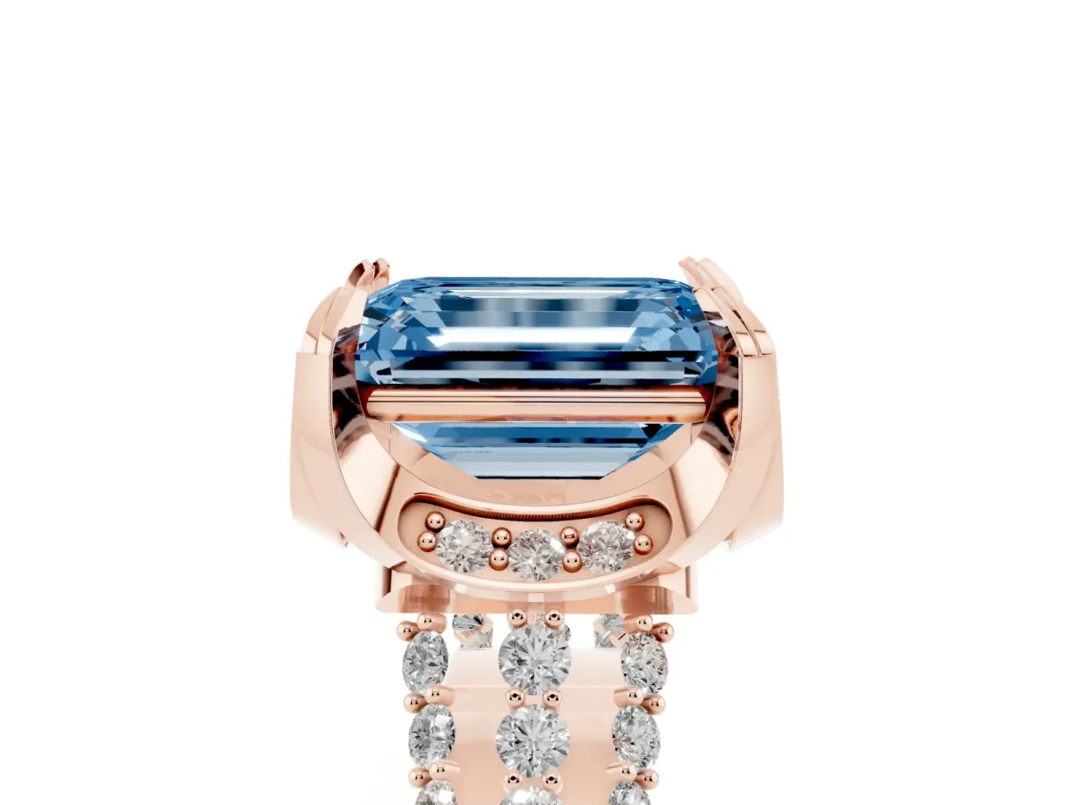 Fancy Blue Emerald Cut Solitaire Pave Split Shank Ring with Four-Prong Setting Rose gold