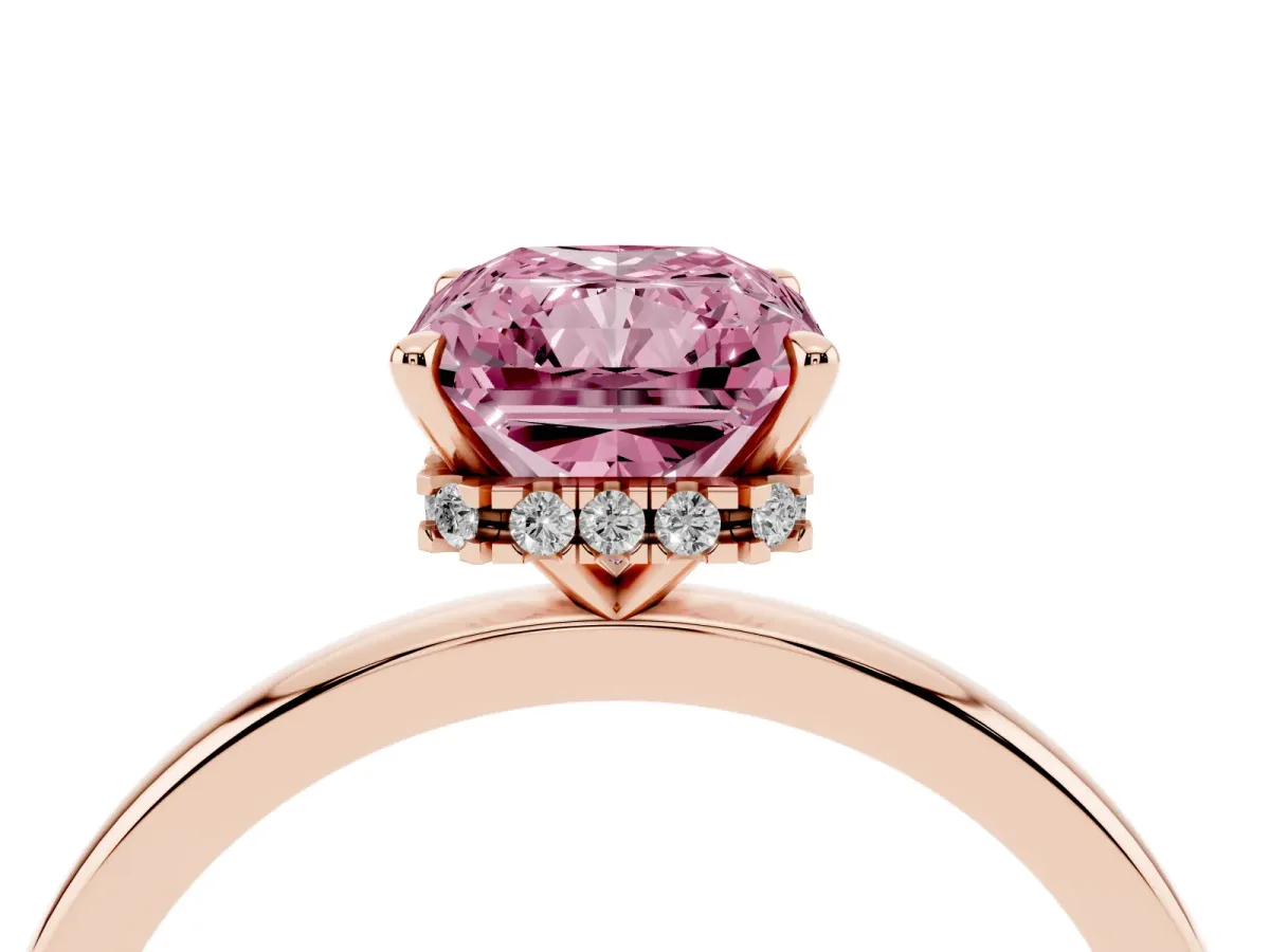 Fancy Pink Radiant Cut Solitaire Engagement Ring with Cathedral Band and Four-Prong Setting Rose gold