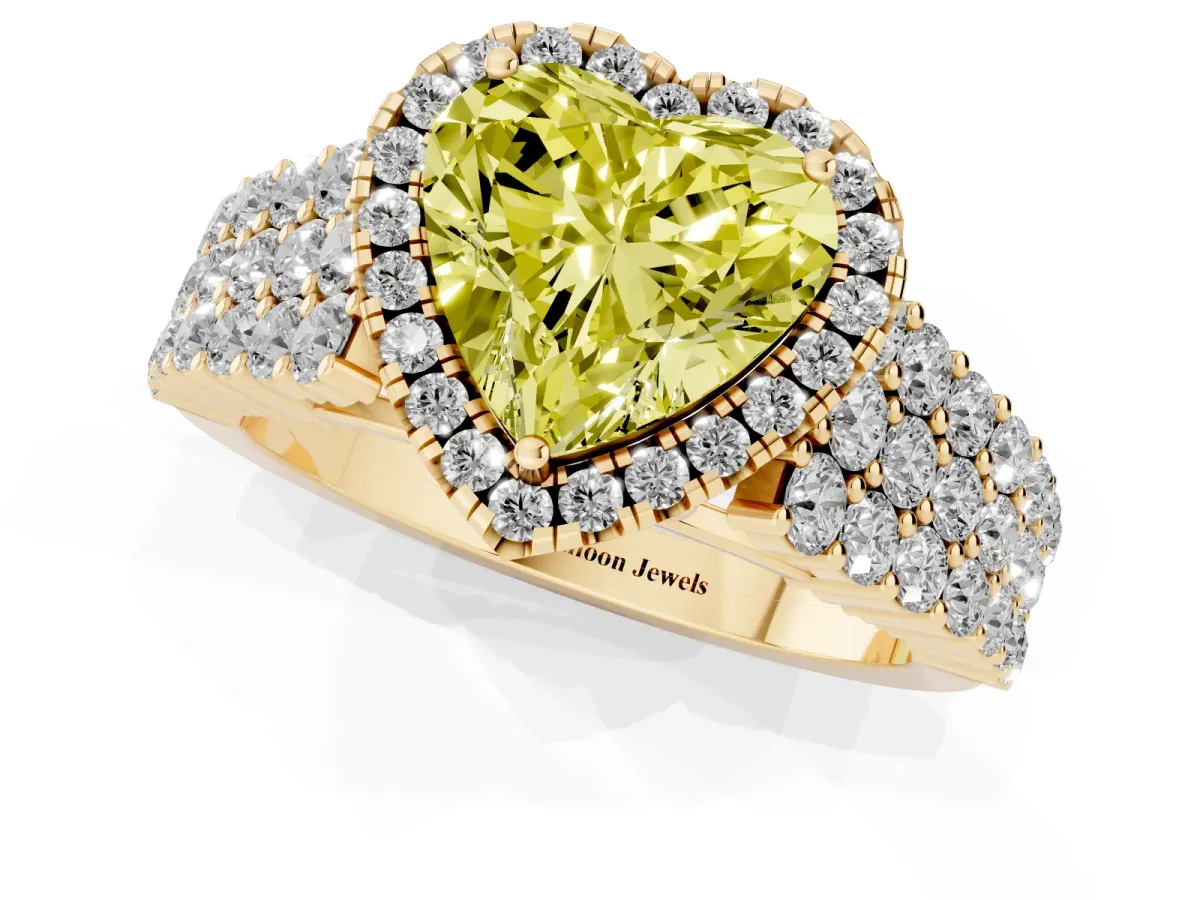 Fancy Yellow Heart Cut Diamond Halo Engagement Ring with Triple Row Round Pavé Band and Prong Setting Yellow gold