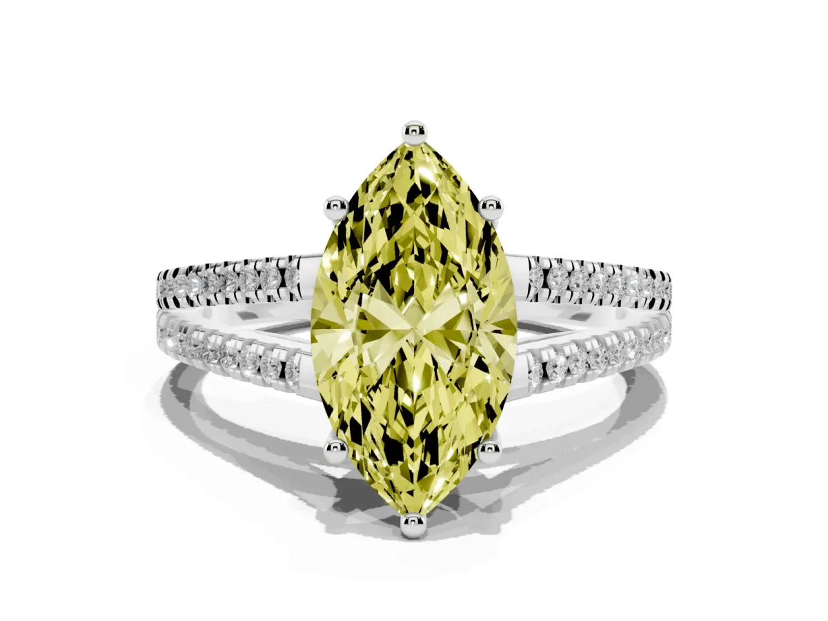 Fancy Yellow Marquise Cut Diamond Solitaire Engagement Ring with Split Shank Pavé Band Silver