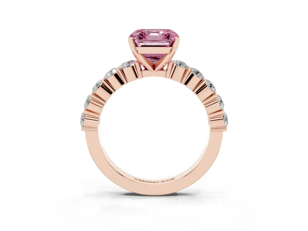 Fancy Pink Asscher Cut Diamond Solitaire Ring with Shared Prong Round Side Stones Rose gold