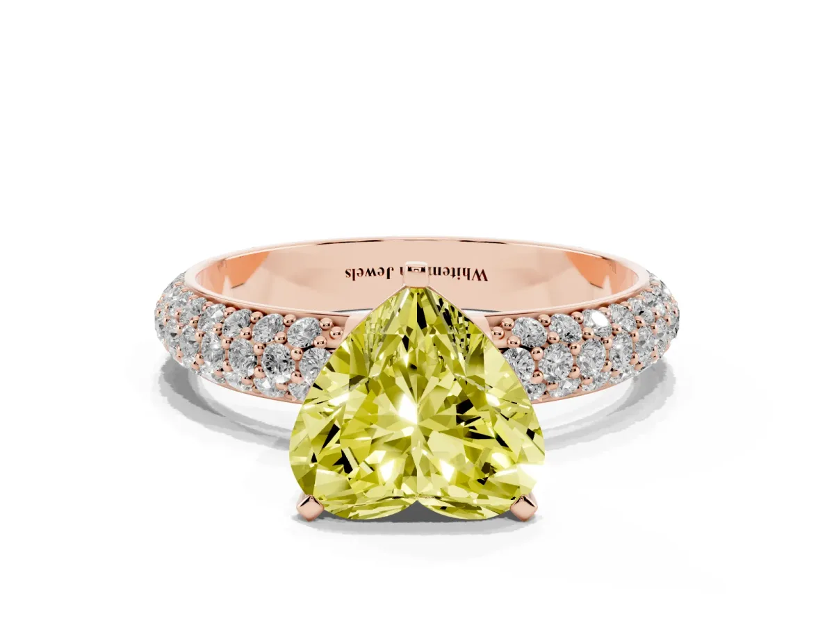 Fancy Yellow Heart Cut Diamond Solitaire Ring with Prong Setting and Pavé Band Rose gold