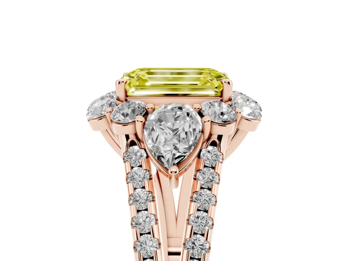Fancy Yellow Emerald Cut Halo Split Shank Diamond Engagement Ring with Prong Setting Rose gold