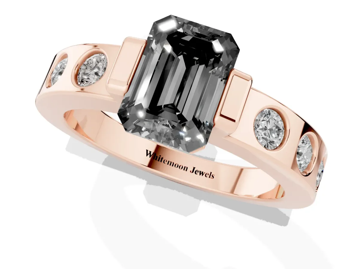 Fancy Black Emerald Cut Brilliant Channel-Set Diamond Ring with Bezel Prong Setting Rose gold