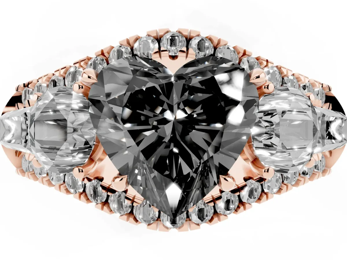 Fancy Black Three-Stone Heart Cut Diamond Engagement Ring with Pave Band and Prong Setting Rose gold