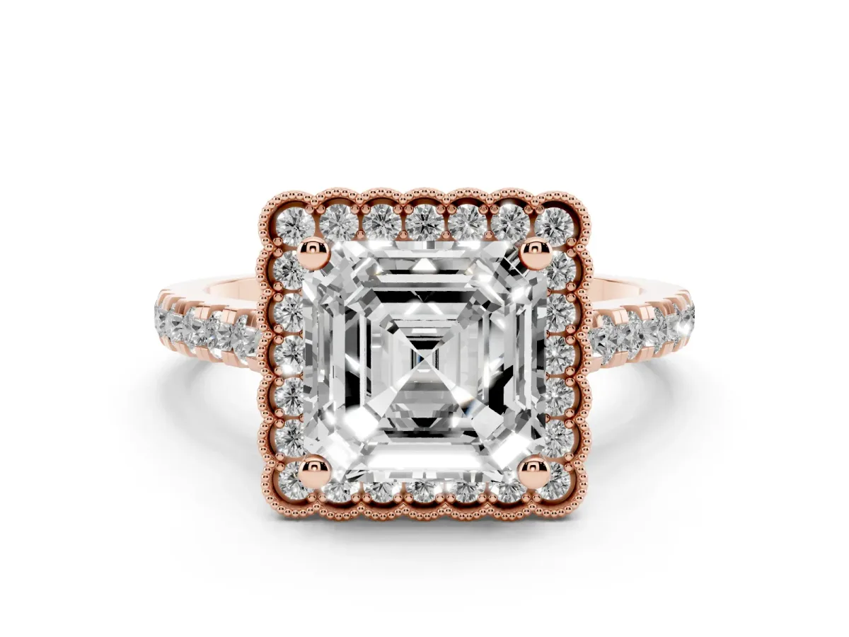 Asscher Cut Cut Diamond Milgrain Floral Halo Engagement Ring with Pavé Band Rose gold
