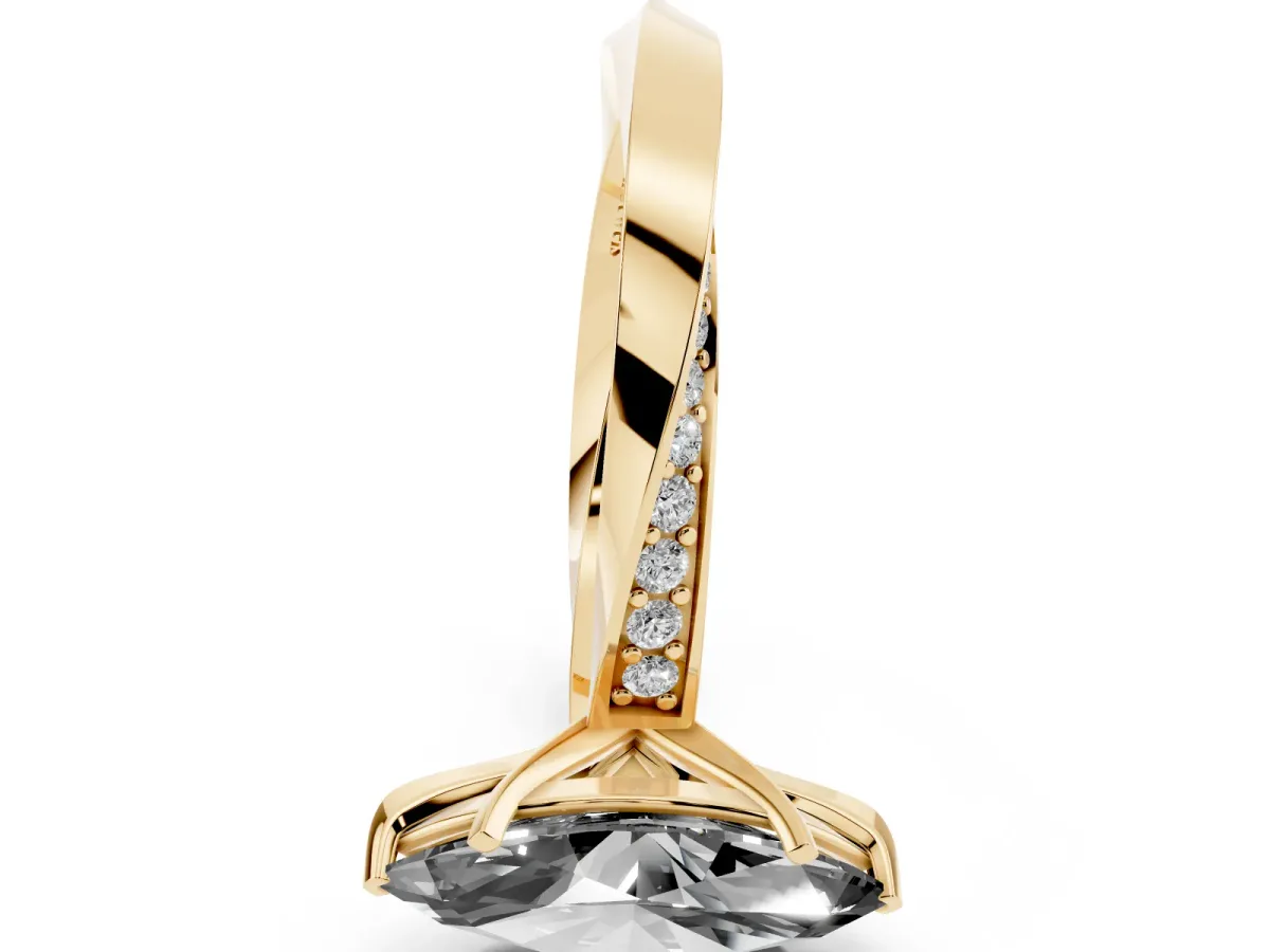 Fancy Black Marquise Cut Diamond Engagement Ring with Side Stone Accents and Four-Prong Setting Yellow gold