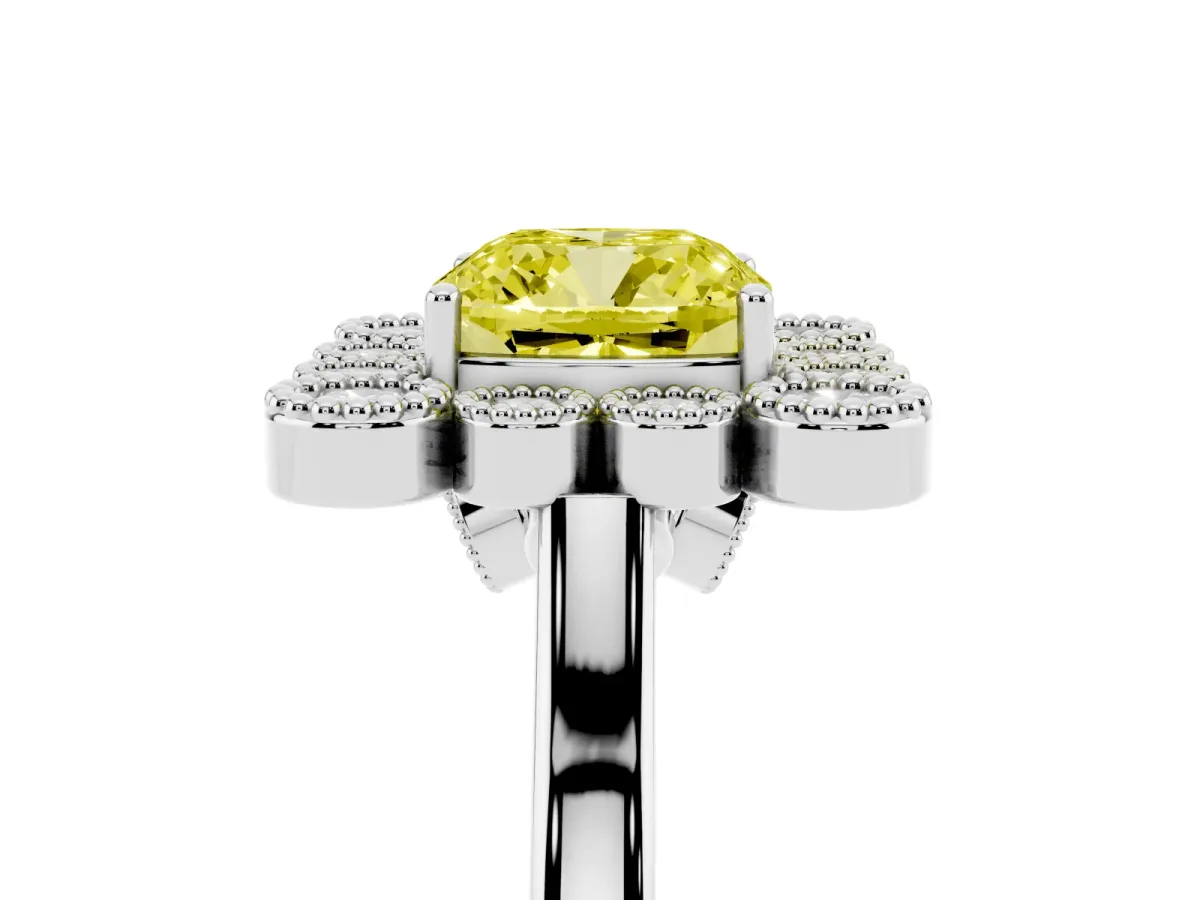 Fancy Yellow Cushion Cut Halo Diamond Cluster Engagement Ring with Milgrain Bezel Setting and Solitaire Band Silver