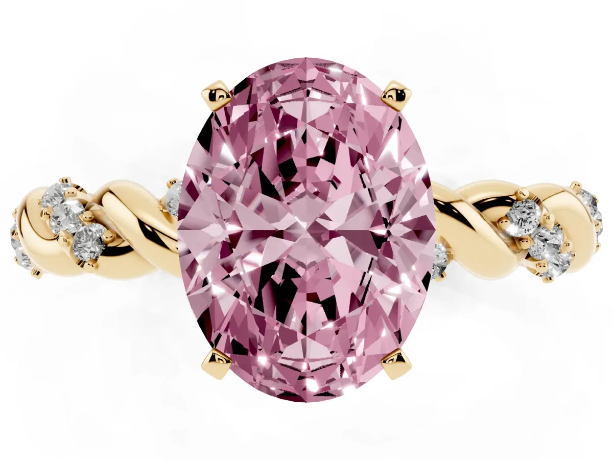 Fancy Pink Oval Cut Diamond Solitaire Ring with Twisted Band and Pavé Accents Yellow gold