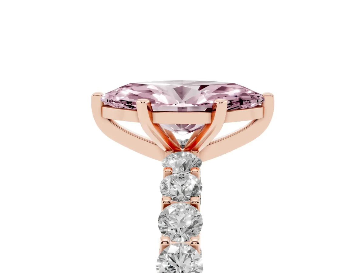 Fancy Pink Marquise Cut Diamond Solitaire Ring with Shared Prong Pavé Band and Four-Prong Setting Rose gold