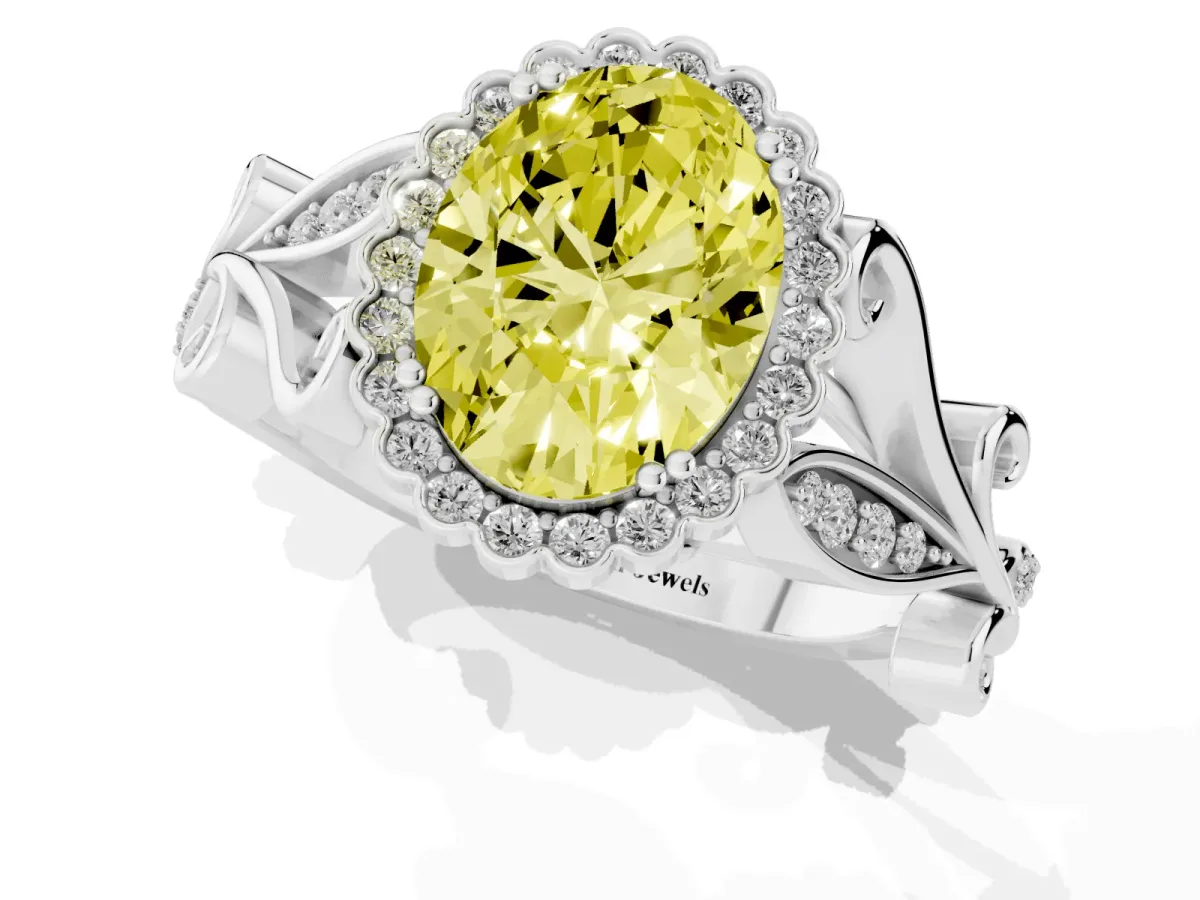 Fancy Yellow Oval Cut Diamond Halo Ring with Vintage Split Shank and Four-Prong Setting Silver