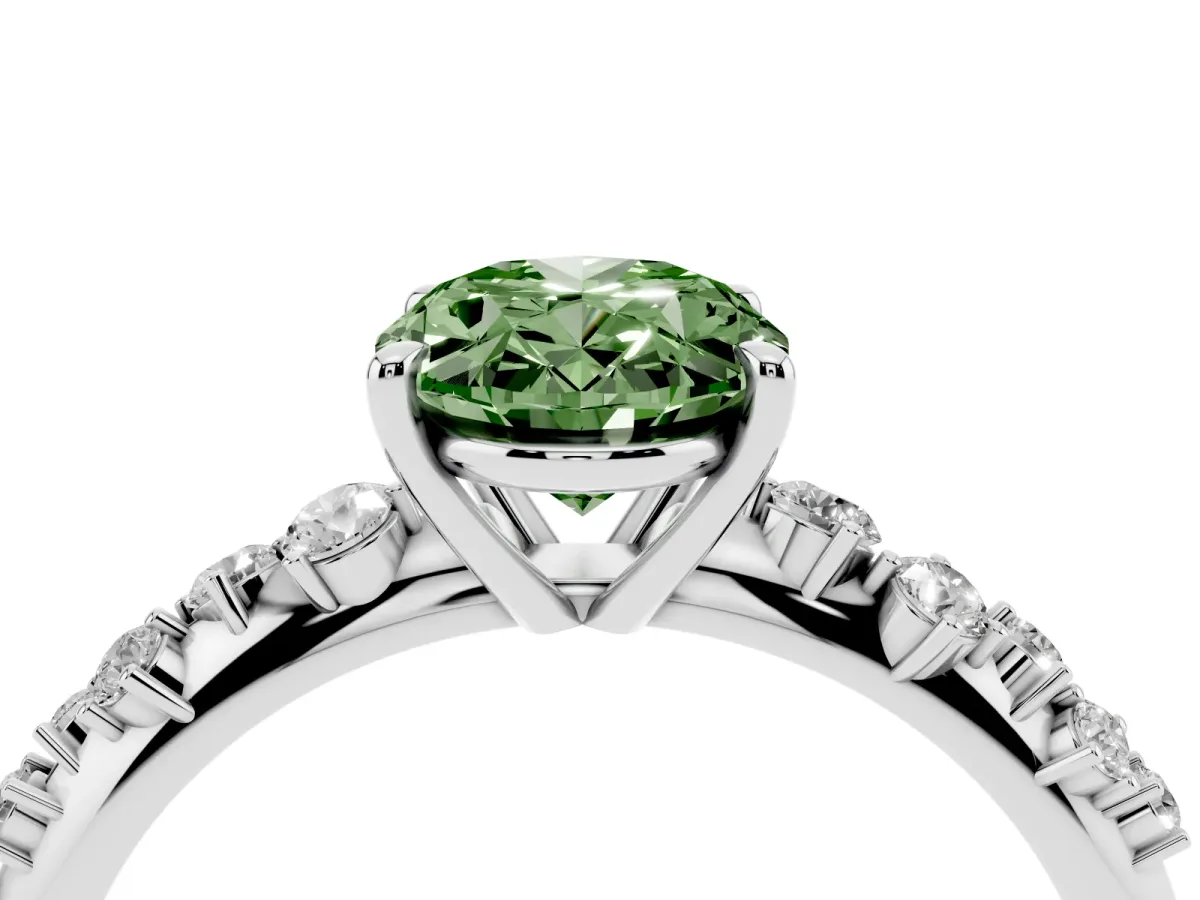 Fancy Green Oval Cut Diamond Cluster Side Stone Solitaire Ring with Prong Setting White gold