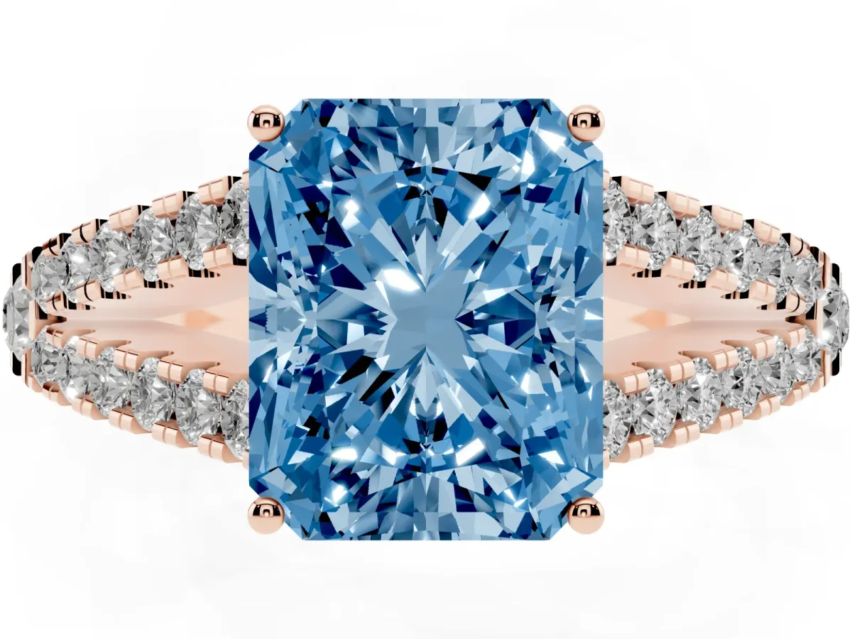 Fancy Blue Radiant Cut Diamond Split Shank Pavé Engagement Ring with Four-Prong Setting Rose gold