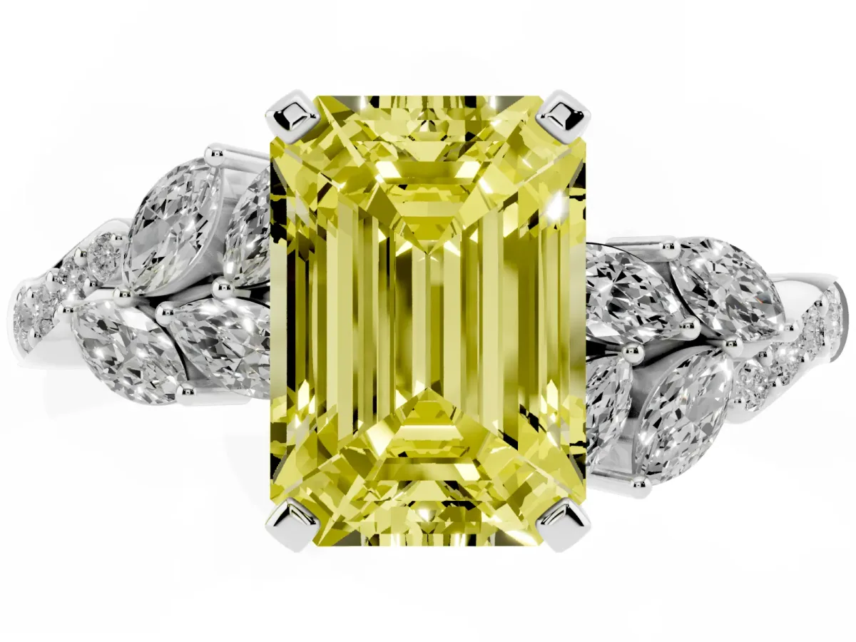 Fancy Yellow Emerald Cut Solitaire Marquise Twist Band with Six-Prong Setting Silver