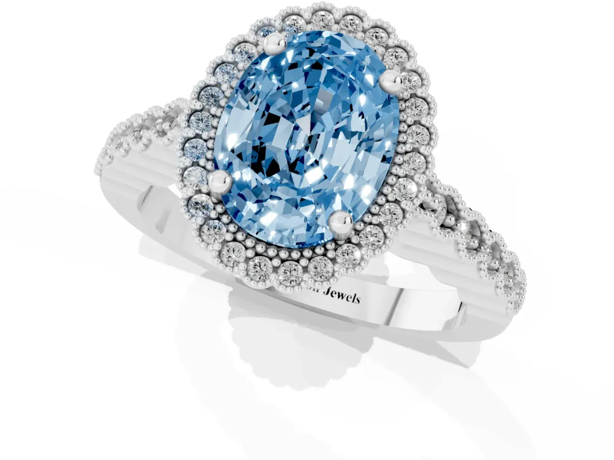 Fancy Blue Oval Cut Cut Halo Pavé Solitaire Ring with Milgrain Band Silver