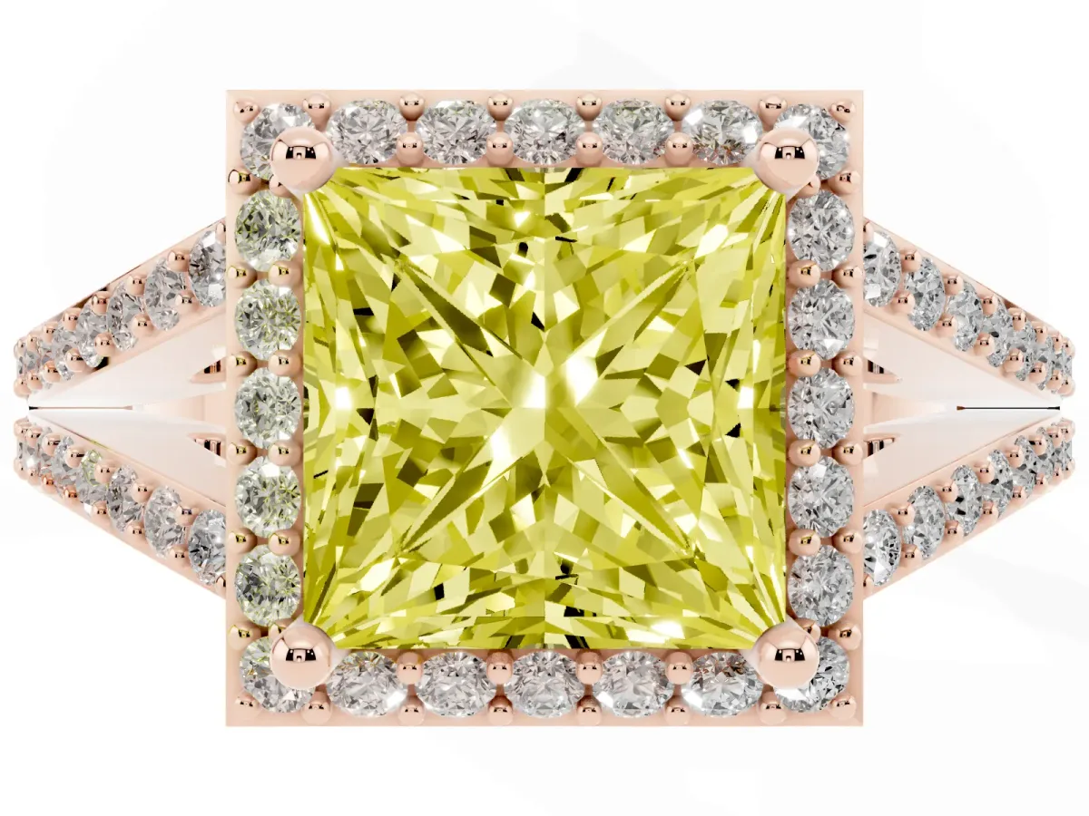 Fancy Yellow Princess Cut Halo Split Shank Diamond Ring with Prong Setting Rose gold