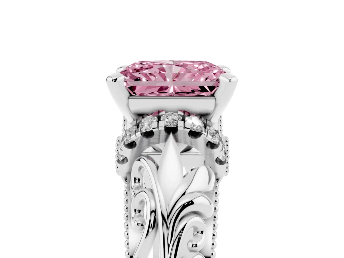 Fancy Pink Radiant Cut Solitaire Filigree Engagement Ring with Halo and Prong Setting Silver