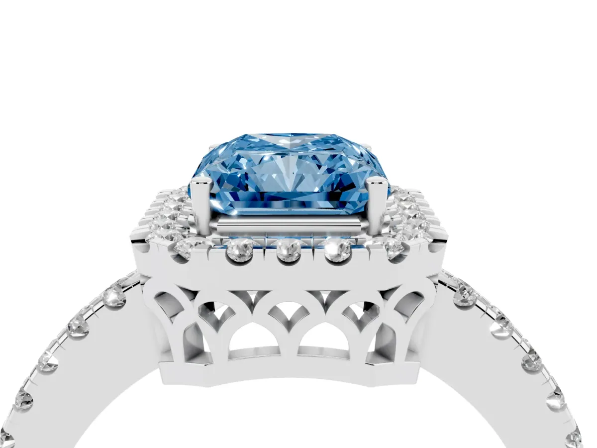 Fancy Blue Radiant Cut Halo Diamond Engagement Ring with Pavé Band and Four-Prong Setting Silver