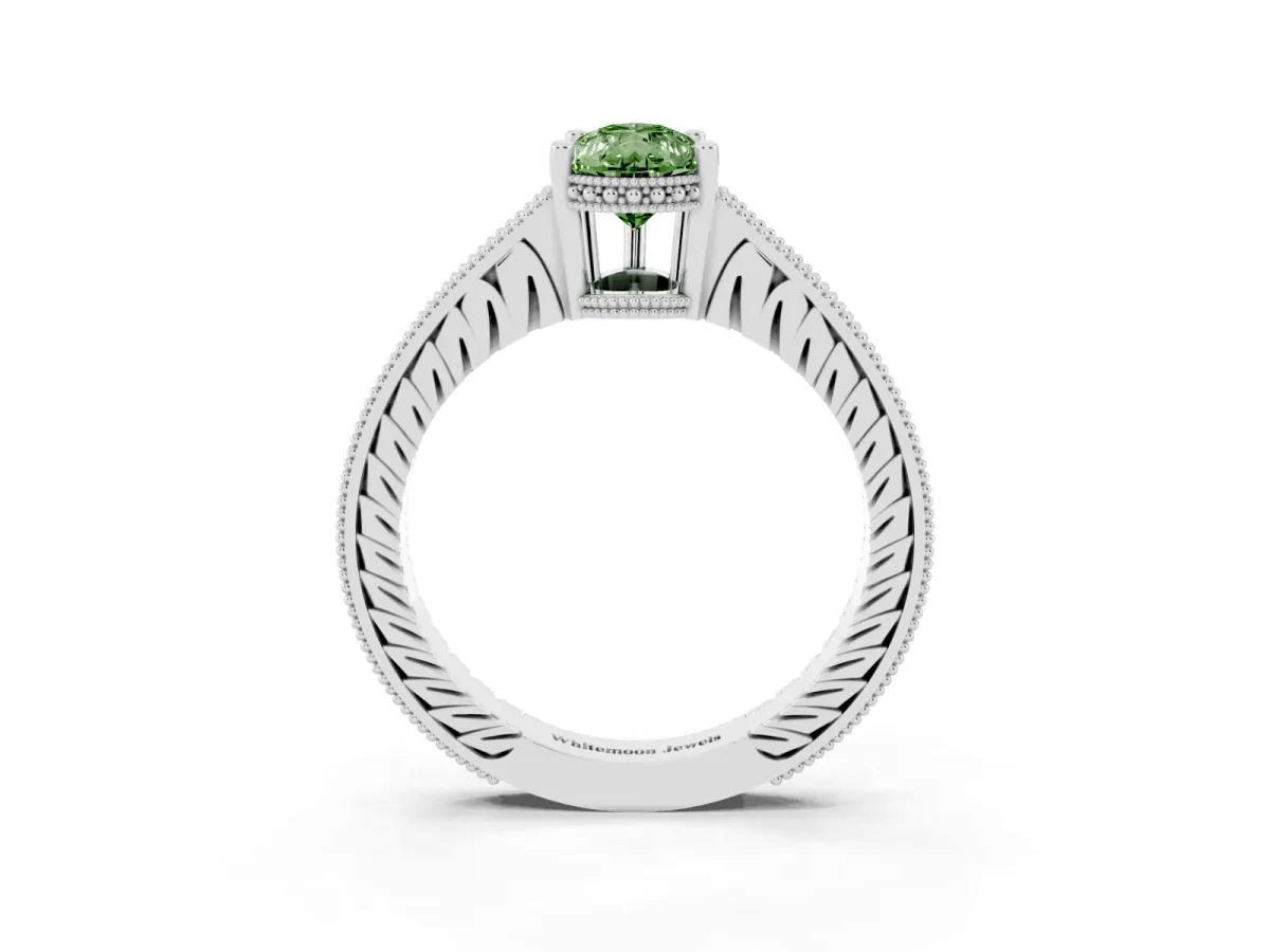 Fancy Green Pear Cut Solitaire Pavé Diamond Milgrain Engagement Ring with Four-Prong Setting Silver