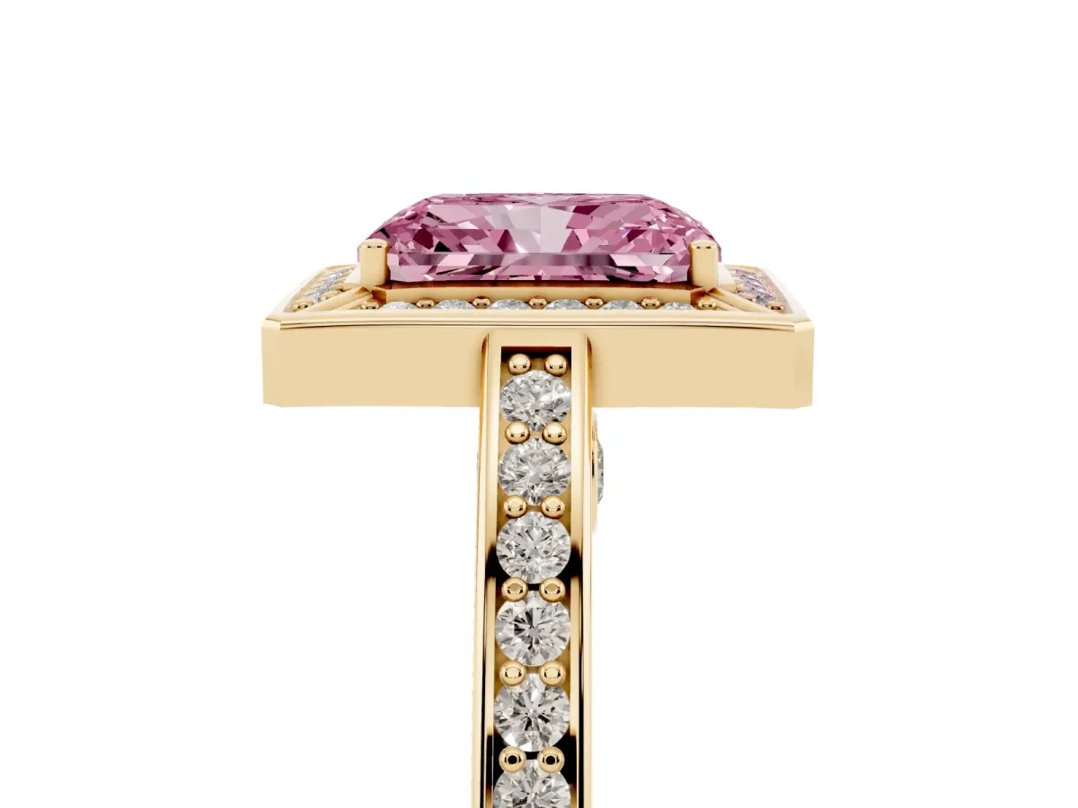 Fancy Pink Radiant Cut Cut Halo Pave Split Shank Prong Setting Ring Yellow gold