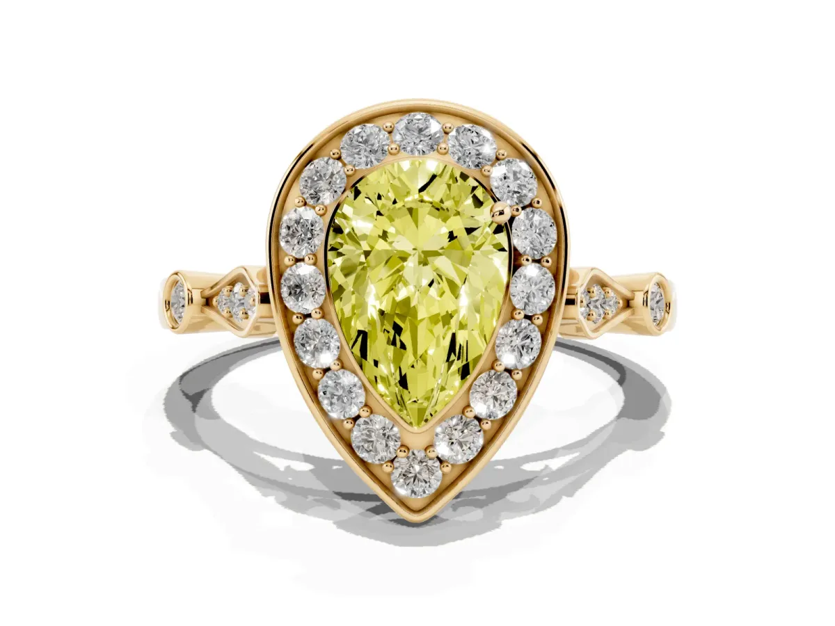 Fancy Yellow Pear Cut Halo Diamond Engagement Ring with Twisted Band and Four-Prong Setting Yellow gold