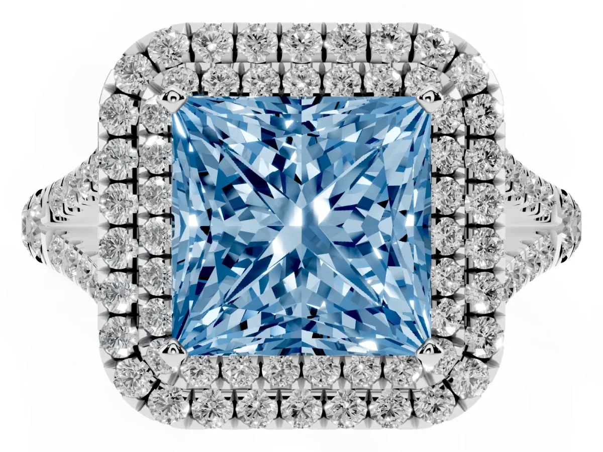 Fancy Blue Princess Cut Cut Double Halo Split Shank Diamond Ring with Prong Setting Silver