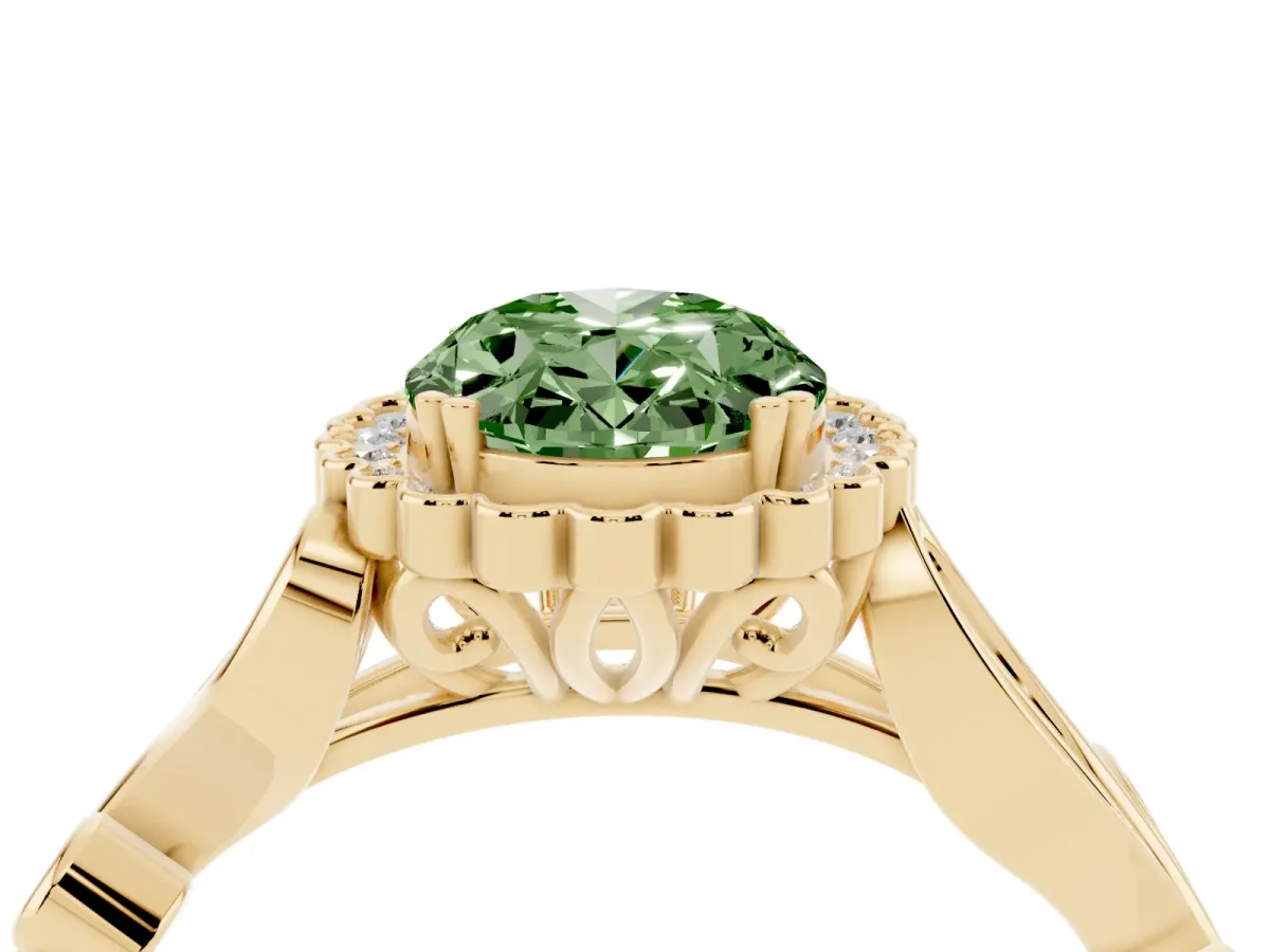 Fancy Green Oval Cut Diamond Halo Ring with Vintage Split Shank and Four-Prong Setting Yellow gold
