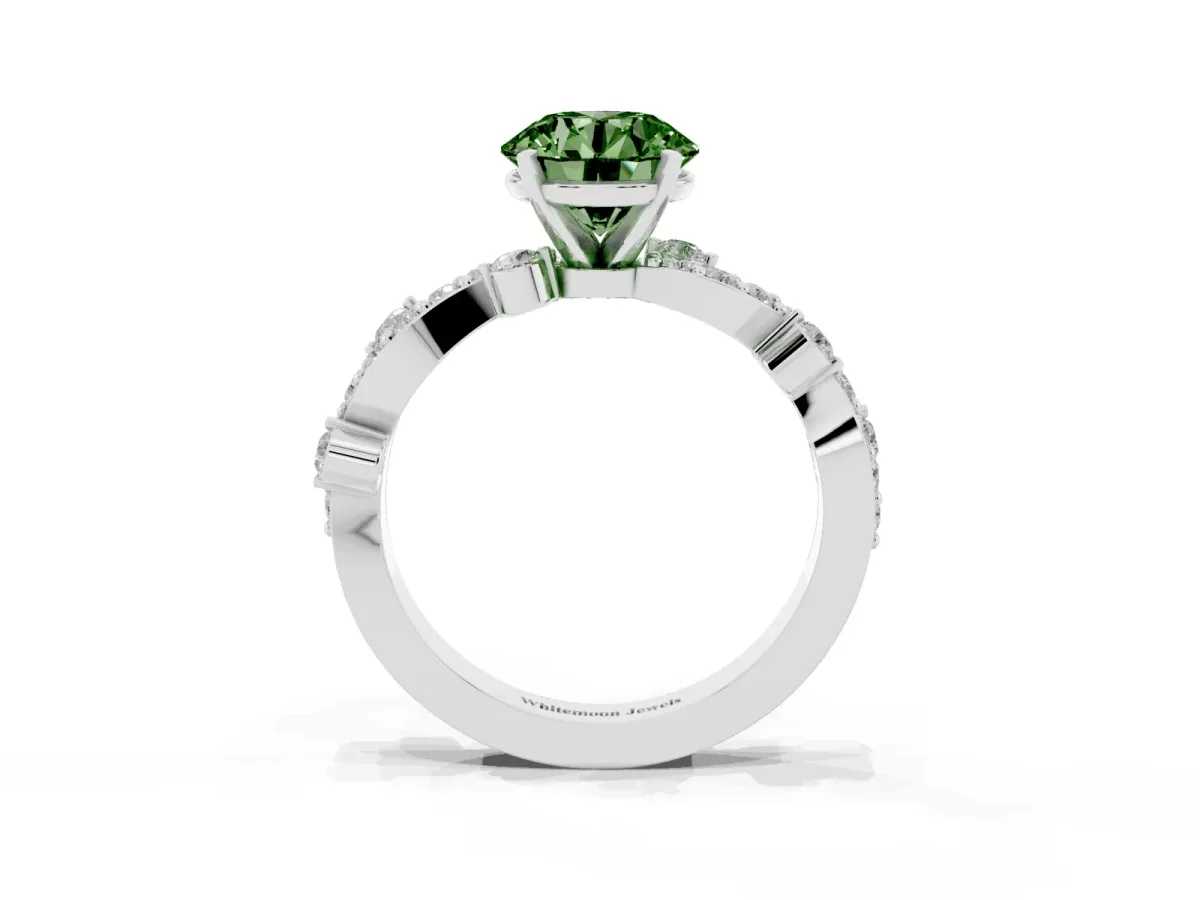 Fancy Green Round Cut Cut Solitaire Diamond Twisted Band with Pave Setting Silver