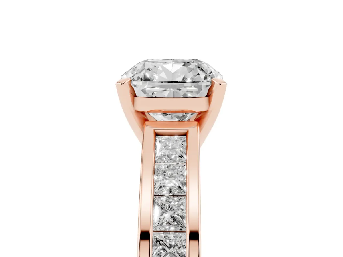 Cushion Cut Solitaire Diamond Ring with Channel-Set Band and Four-Prong Setting Rose gold