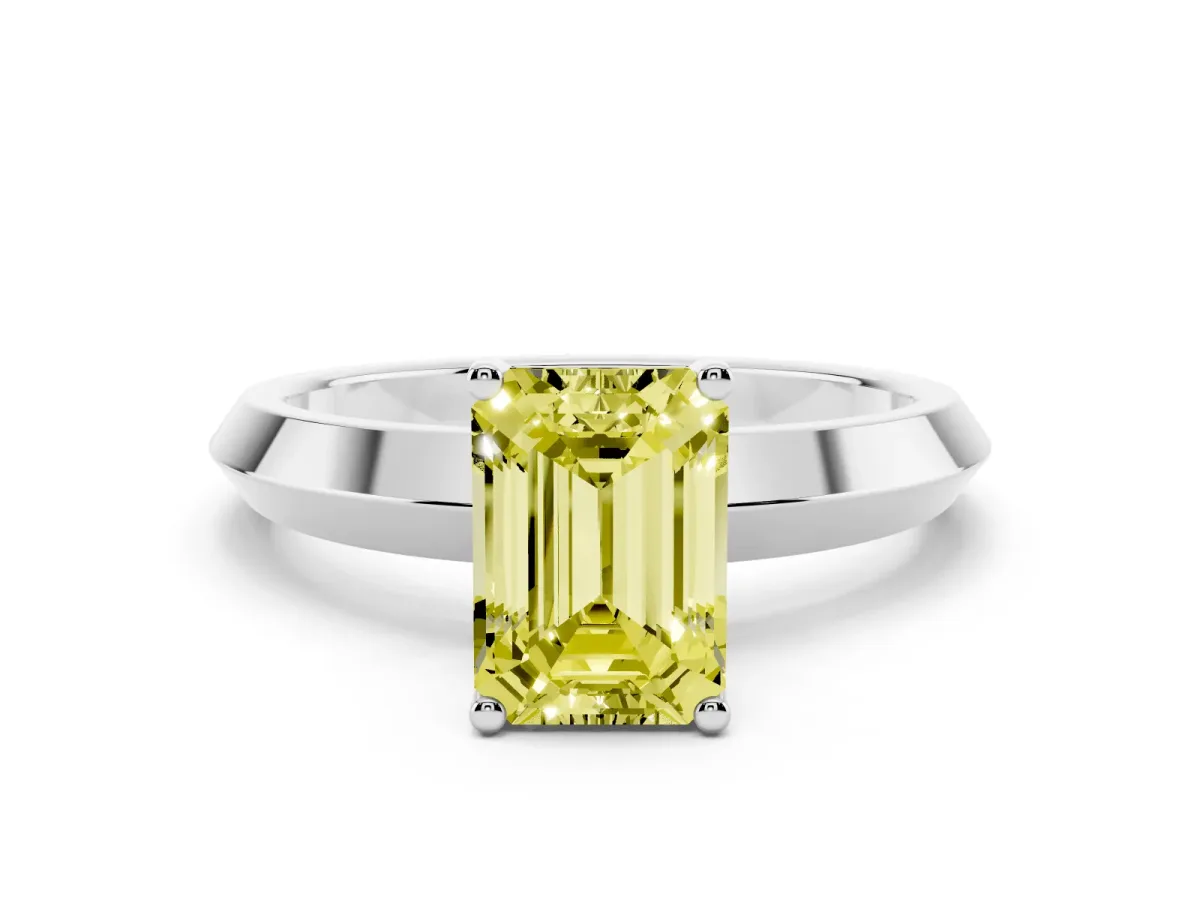 Fancy Yellow Emerald Cut Cut Solitaire Engagement Ring with Flat Band and Four-Prong Setting Silver