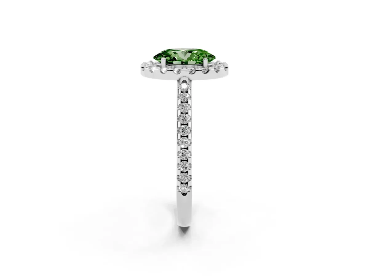 Fancy Green Oval Cut Diamond Pavé Halo Ring with Four-Prong Setting Platinum