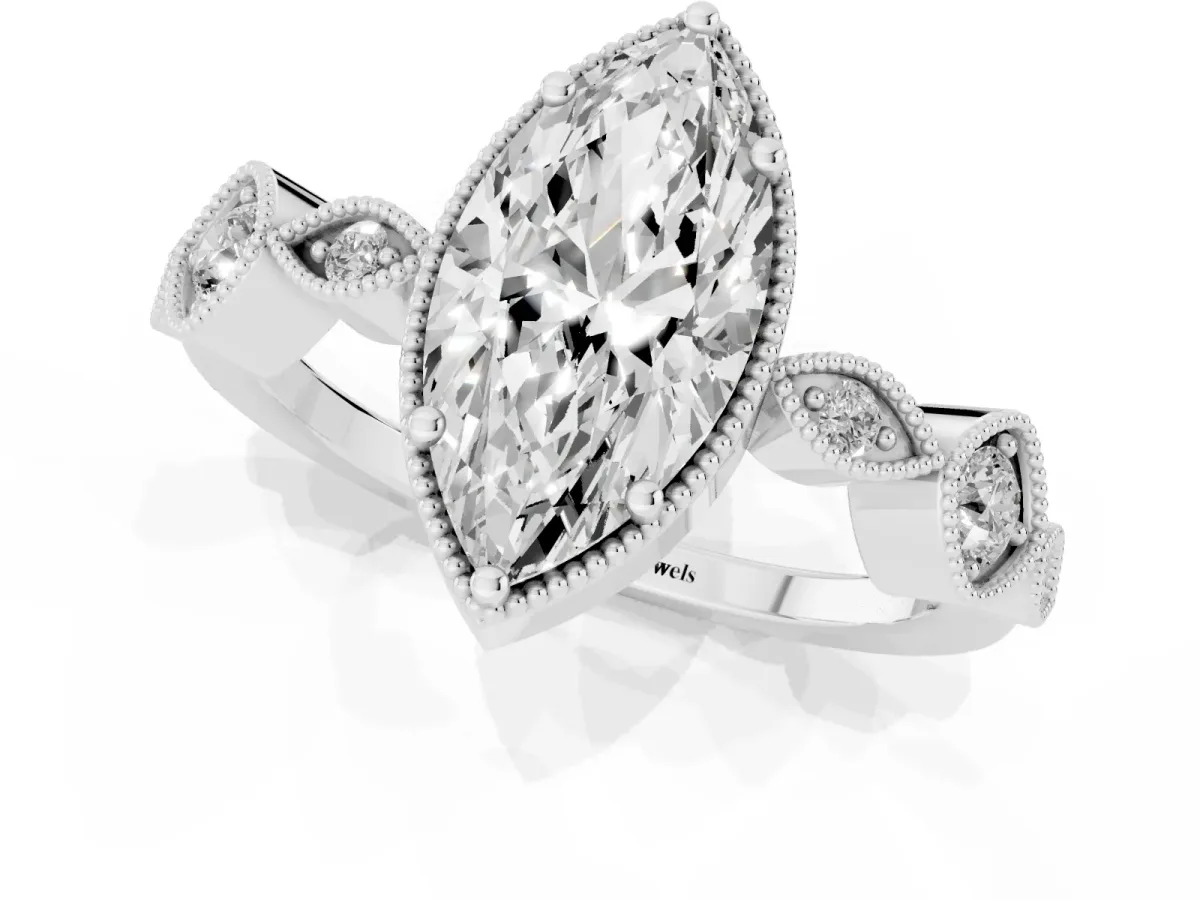Marquise Cut Diamond Vintage Milgrain Ring with Round Stations Silver