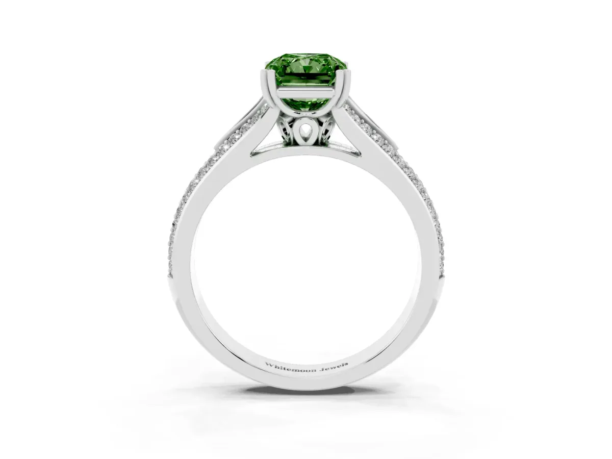Fancy Green Radiant Cut Diamond Split Shank Engagement Ring with Pavé Band Silver