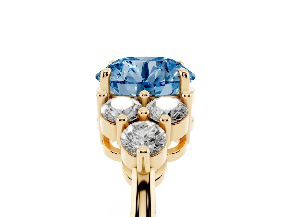 Fancy Blue Round Cut Brilliant Diamond Cluster Accent Solitaire Ring with Prong Setting Yellow gold