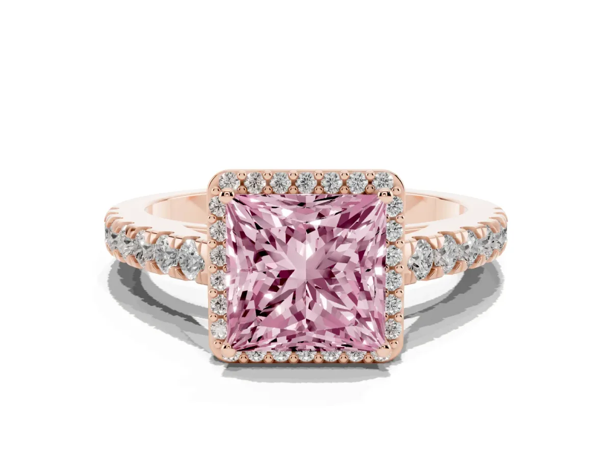 Fancy Pink Princess Cut Cut Halo Diamond Engagement Ring with Pave Band and Four-Prong Setting Rose gold