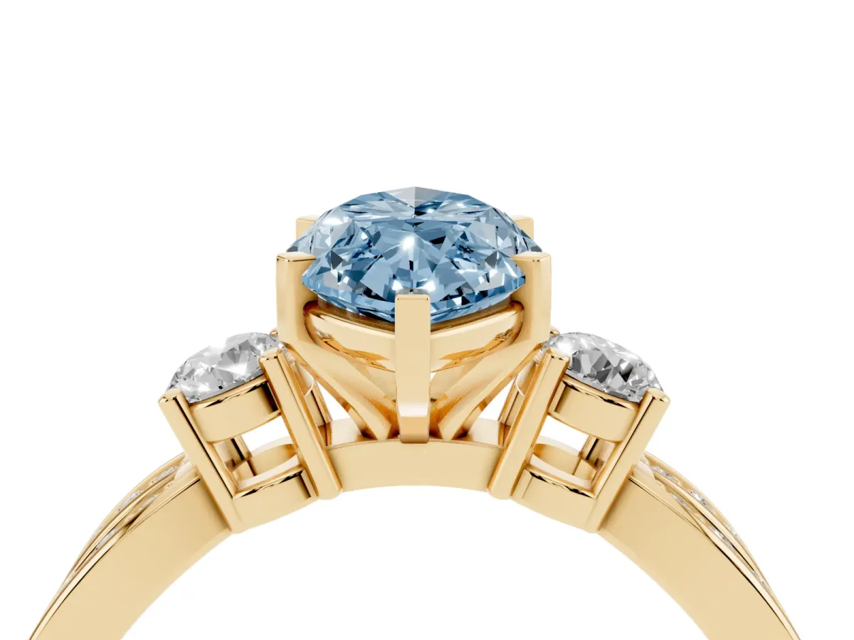 Fancy Blue Three-Stone Marquise Cut Cut Diamond Twist Band with Prong Setting Yellow gold