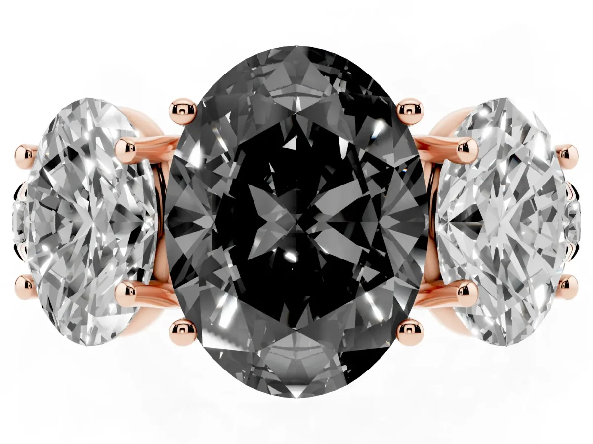 Fancy Black Three-Stone Oval Cut Diamond Pavé Band with Prong Setting Rose gold