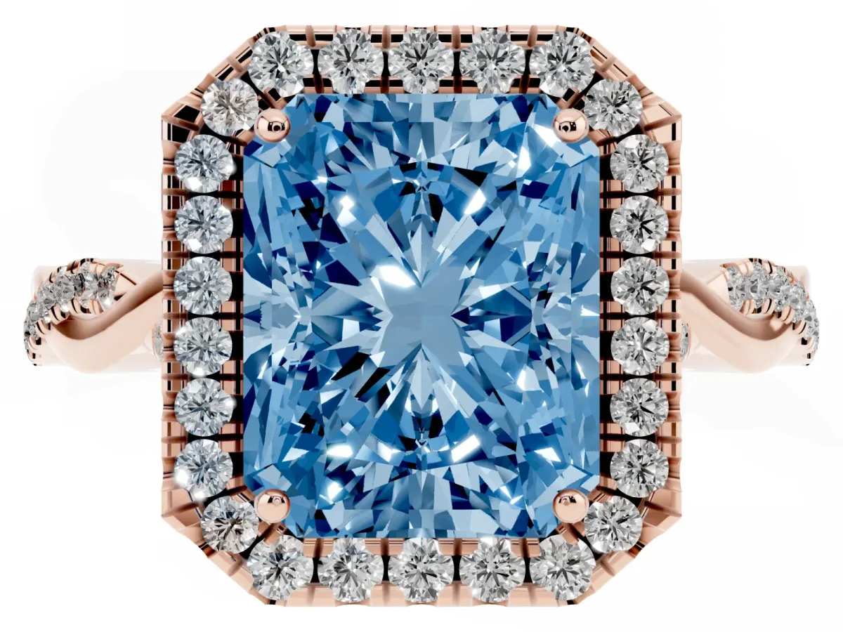 Fancy Blue Radiant Cut Halo Twist Band Solitaire Ring Rose gold