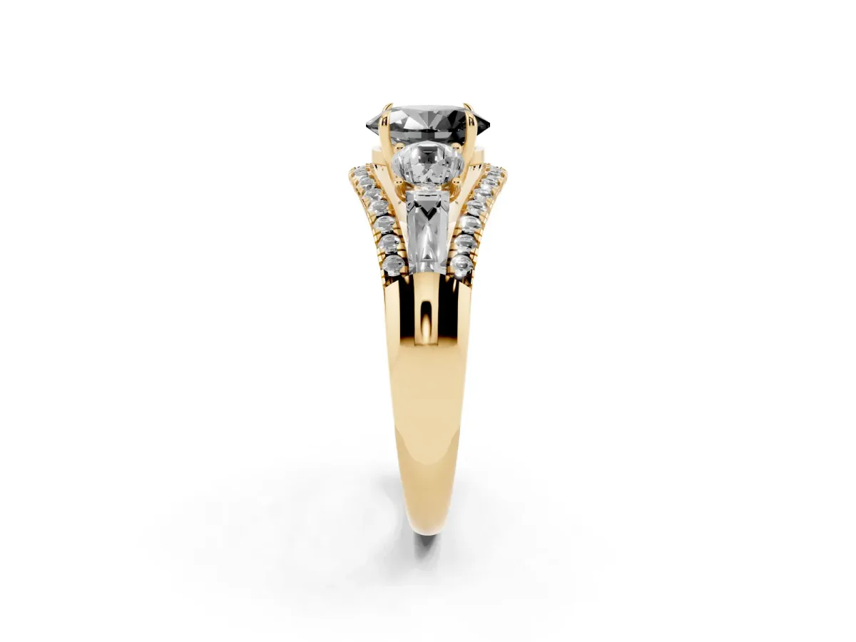 Fancy Black Three-Stone Oval Cut Diamond Engagement Ring with Pave Band and Prong Setting Yellow gold