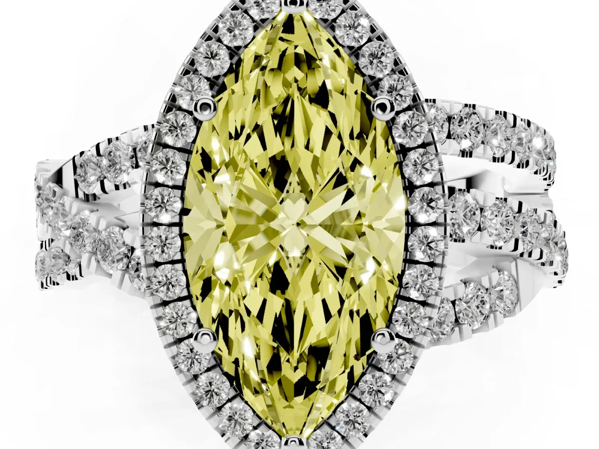 Fancy Yellow Marquise Cut Diamond Halo Ring with Round Split Shank and Prong Setting Silver