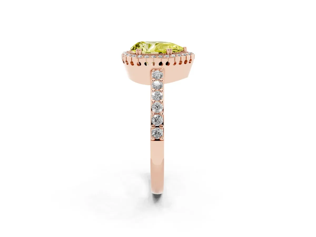 Fancy Yellow Pear Cut Cut Diamond Halo Engagement Ring with Milgrain Detail and Pavé Band Rose gold