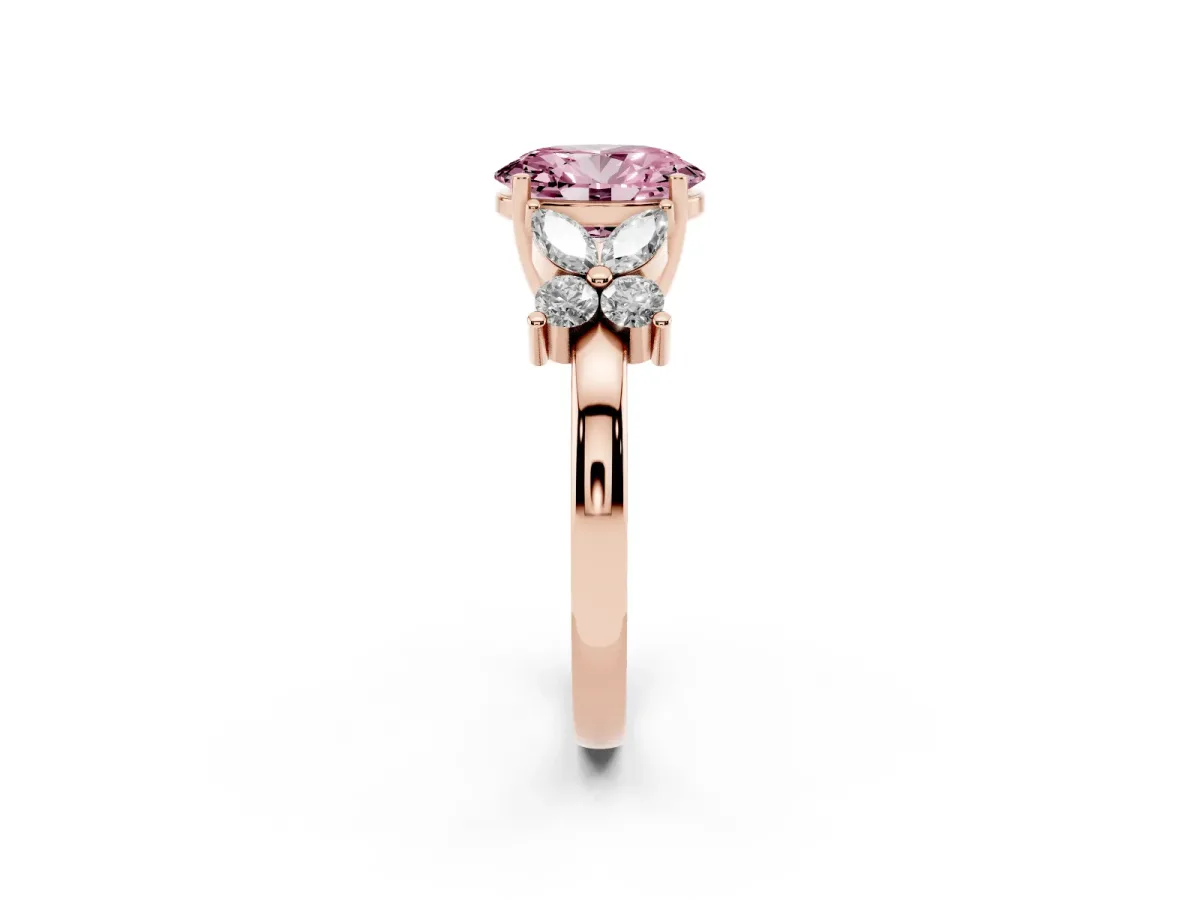 Fancy Pink Oval Cut Diamond Floral Cluster Ring with Solitaire Band and Prong Setting Rose gold