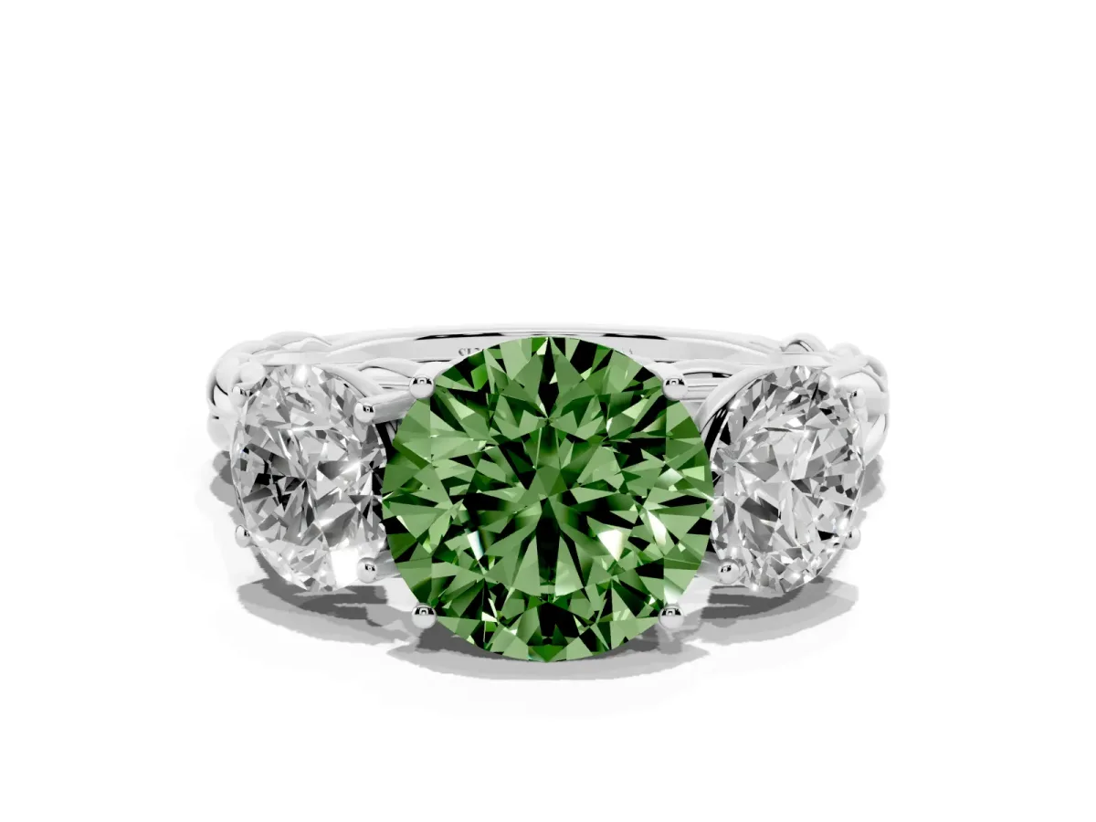 Fancy Green Three-Stone Round Cut Diamond Braided Band Ring with Four-Prong Setting Platinum
