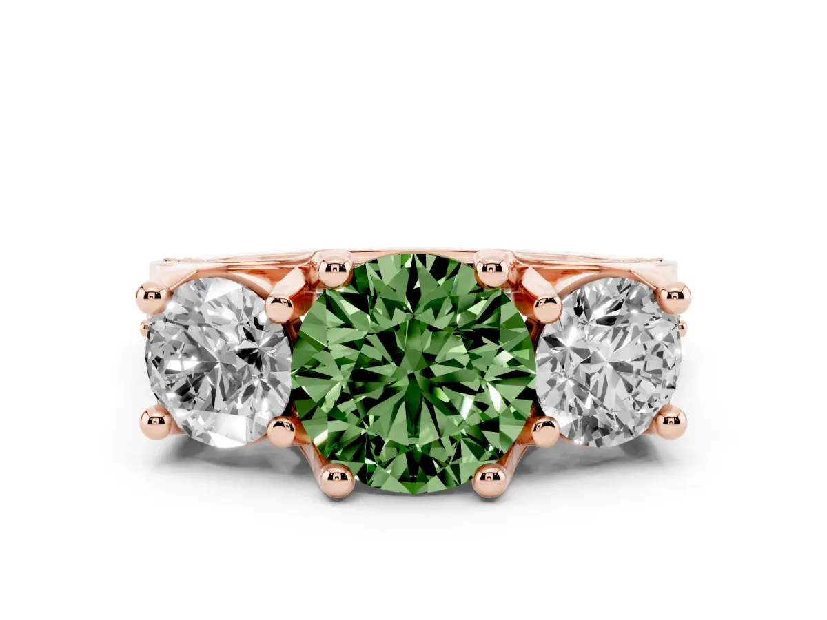 Fancy Green Round Cut Diamond Three-Stone Ring with Channel Set Band and Four-Prong Setting Rose gold